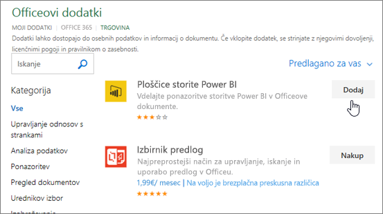 Posnetek zaslona strani »Dodatki za Office«, kjer lahko izberete ali poiščete dodatek za Excel.