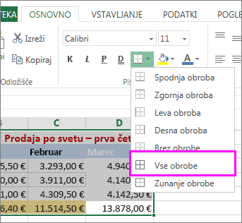 dodajanje obrobe tabeli ali datumskem obsegu
