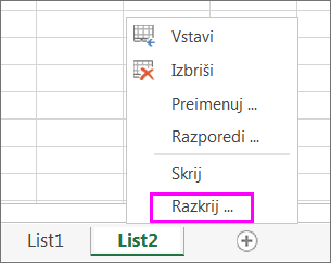 Z desno tipko miške kliknite poljubni zavihek lista, da preverite, ali zvezek vsebuje skrite delovne liste.