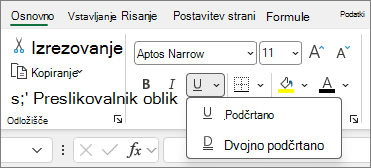 Posnetek zaslona skupine gumbov »Pisava«, ki jih lahko uporabite s spreminjanjem sloga pisave v celici.