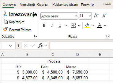 Posnetek zaslona gumbov za nastavitev pisave na traku.