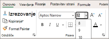 Posnetek zaslona spustnega seznama »Izberi drugo velikost pisave«.