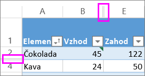 dvojne črte med vrsticami in stolpci kažejo skrite vrstice ali stolpce
