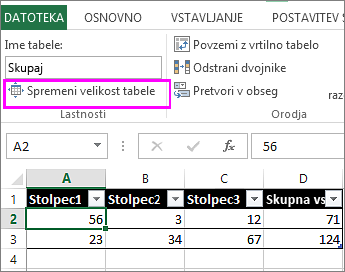 uporaba možnosti spreminjanja velikosti tabele v možnosti »Orodja za tabele«