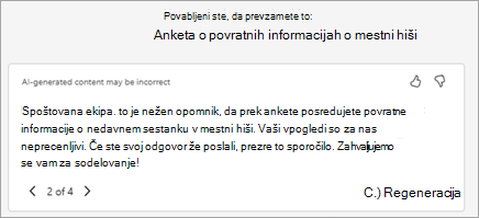 Copilot samodejno ustvari predlagano besedilo povabila. Besedilo lahko uredite tukaj ali pa izberete »Preoblikuj z aplikacijo Copilot«, da ga prosite, da ustvari novo različico.