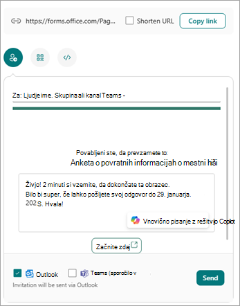 Na zaslonu »Pošlji in zberi odgovore« lahko obrazec pošljete na več načinov.