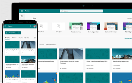 Konceptualna slika Microsoft Forms, prikazana v prenosni napravi in prenosnem računalniku