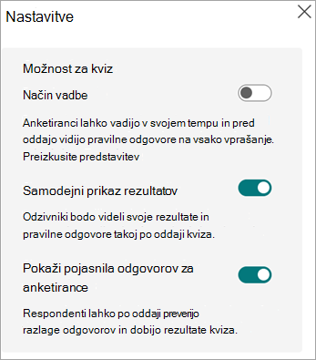 Stikala za način vaje, samodejno prikažite rezultate in prikažite razlage odgovorov za anketirance, ki so prikazani le za preskuse znanja.
