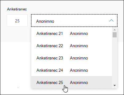 V iskalno polje anketiranca vnesite določeno številko, da si ogledate podrobnosti o tem odzivu posameznikov v Microsoft Forms