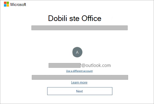 Posnetek zaslona, ki se prikaže, ko kupite novo napravo, ki vključuje licenco za Office. Na tem zaslonu je prikazano, da je Office našel vaš obstoječi Microsoftov račun.