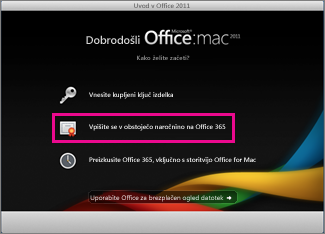Stran za namestitev sistema Office for Mac, kjer se vpišete v obstoječo naročnino na Office 365.