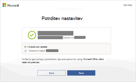 Posnetek zaslona potrditve nastavitev.