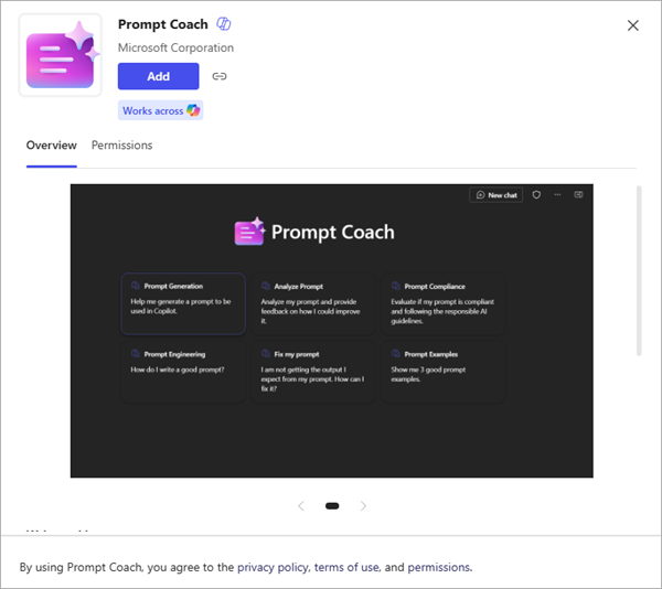 Posnetek zaslona aplikacije, ki prikazuje več podrobnosti in možnost, da jo dodate v Microsoft Copilot.