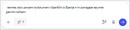 Pokaže prilogo v polju poziv za Copilot, ki mu sledijo navodila za povzemanje tega dokumenta v španščini iz Španije in mi pomaga razumeti glavne točke.