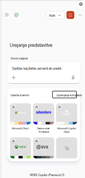 Posnetek zaslona vstopne točke za upravljanje kompletov blagovnih znamk v PowerPointu.