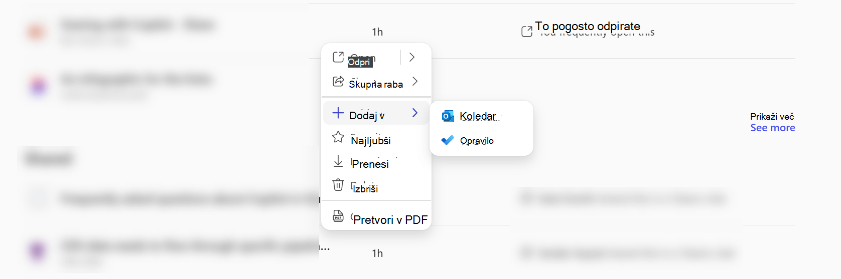 Priročni meni v aplikaciji Microsoft Copilot, ki prikazuje, da lahko dodate datoteko v Calendar ali To Do.