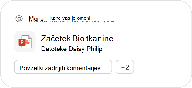 PowerPointova datoteka, ki je predstavljena kot priporočena datoteka, skupaj s predlaganimi pozivi storitve Copilot za nadaljnje ukrepanje.