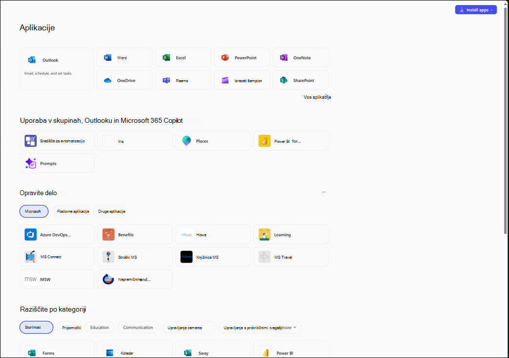 Modul Aplikacije v aplikaciji Microsoft Copilot.