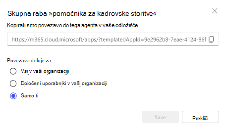 Posnetek zaslona možnosti za skupno rabo posrednika