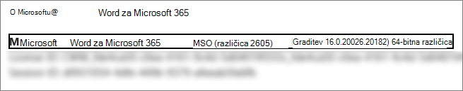 Posnetek zaslona, ki prikazuje različico, graditev in bitno različico programa Word.