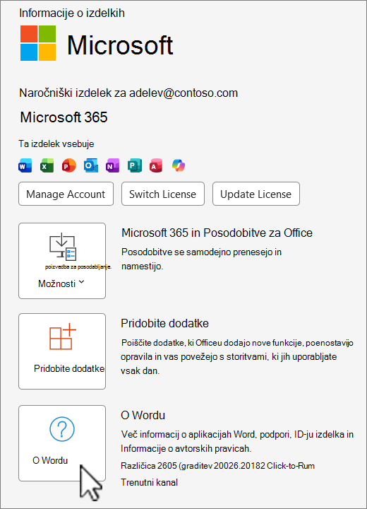 Posnetek zaslona, ki prikazuje pogled različice storitve Office 365.