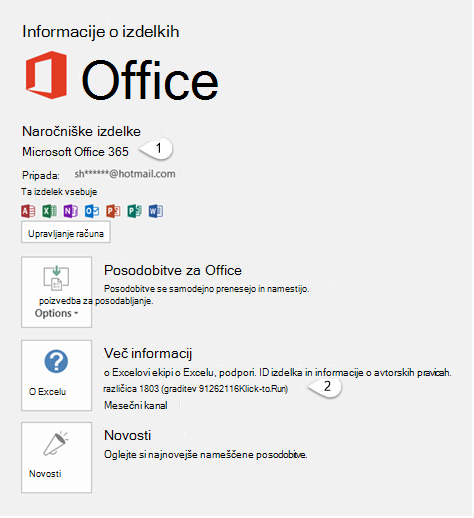 Stran računa, ki vključuje informacije o uporabniku in izdelku