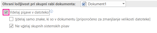Vdelovanje pisave za datoteko z možnostmi datoteke >