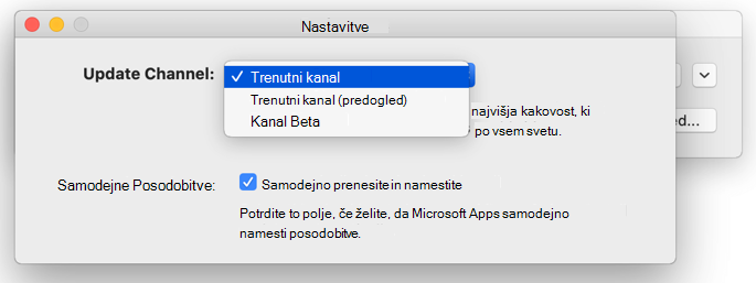 Slika okna »Microsoft AutoUpdate –> Nastavitve« za Mac, ki prikazuje izbire kanala za posodobitve.