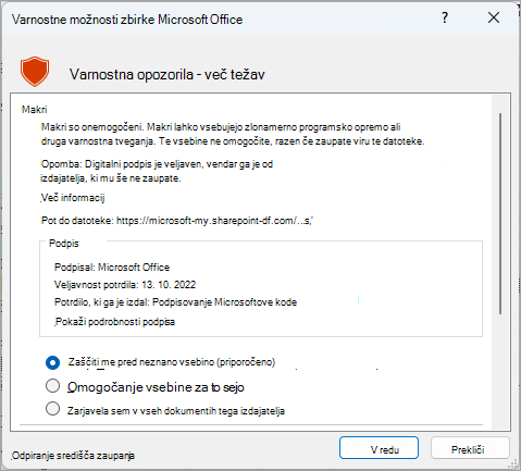 Pogovorno okno z varnostnim opozorilom v Microsoft Excelu