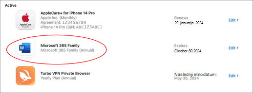 Posnetek zaslona aktivnih naročnin, ki jih lahko upravljate, pri čemer je Microsoft 365 Family obkrožen z rdečo barvo.