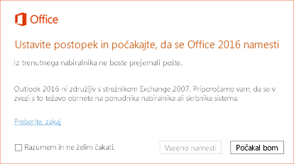 Napaka: ustavite postopek in počakajte, da se Office 2016 namesti