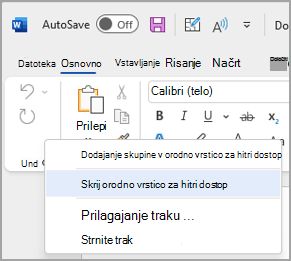 Slika možnosti za skrivanje orodne vrstice za hitri dostop