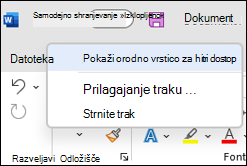 Slika možnosti za prikaz orodne vrstice za hitri dostop