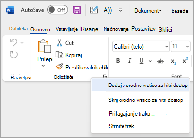 Slika spustnega seznama za prilagajanje orodne vrstice za hitri dostop za dodajanje ukazov