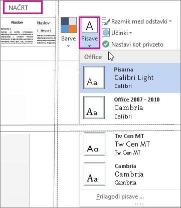 Galerija »Pisave« na zavihku »Načrt«