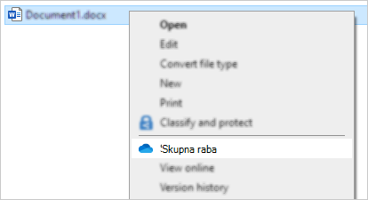 Raziskovalec z desno tipko miške kliknite meni, ki prikazuje ukaz skupne rabe v storitvi OneDrive