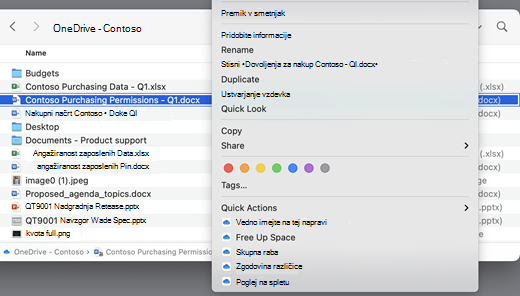 Prikaže zaslon storitve OneDrive z odprtim menijem.
