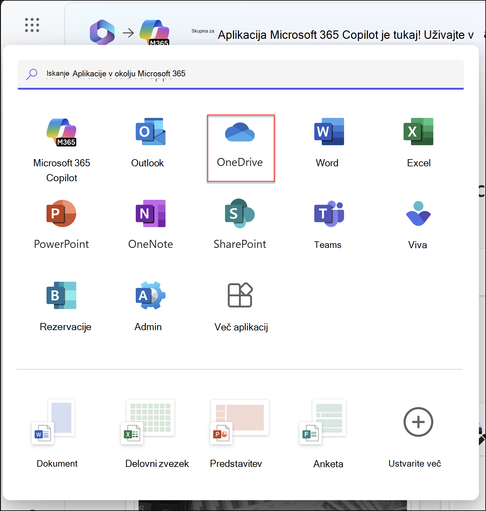 Okno brskalnika z odprtim zaganjalnikom programov in označeno aplikacijo OneDrive