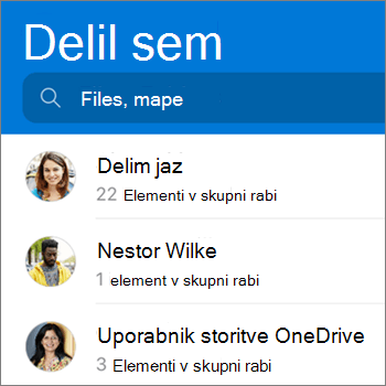 Pogled datotek v skupni rabi v aplikaciji OneDrive za Android