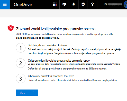 Posnetek zaslona, na katerem je prikazana stran »Znaki zaznane izsiljevalske programske opreme« na spletnem mestu storitve OneDrive