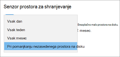 Spustni meni prostora za shranjevanje v sistemu Windows 10, ki izbere pogostost izvajanja Senzorja prostora