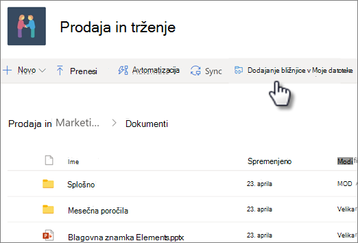 Posnetek zaslona dodajanja bližnjice iz knjižnice v skupni rabi v OneDrive