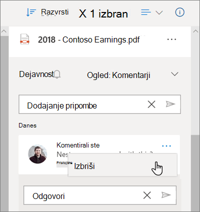 Podokno »Podrobnosti o storitvi OneDrive«, v katerem so prikazani komentarji, ki so ostali v datoteki v skupni rabi, in možnost »Izbriši«, izbrana za pripombo