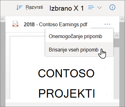 Podokno »Podrobnosti storitve OneDrive« z izbrano možnostjo »Izbriši vse komentarje« v spustnem meniju