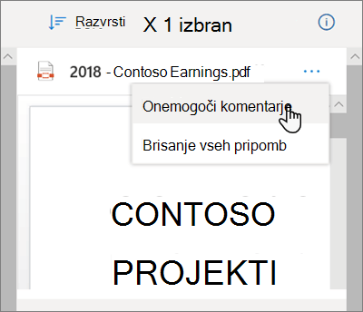 Podokno s podrobnostmi storitve OneDrive z izbrano možnostjo Onemogoči komentarje v spustnem meniju