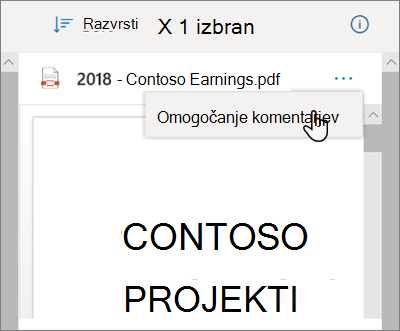 Podokno s podrobnostmi storitve OneDrive z izbrano možnostjo Omogoči pripombe v spustnem meniju