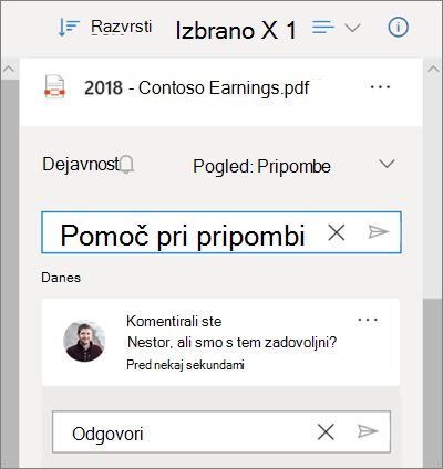 Podokno »Podrobnosti storitve OneDrive«, v katerem so prikazani komentarji, ki so ostali v datoteki v skupni rabi, in polje za dodajanje pripomb