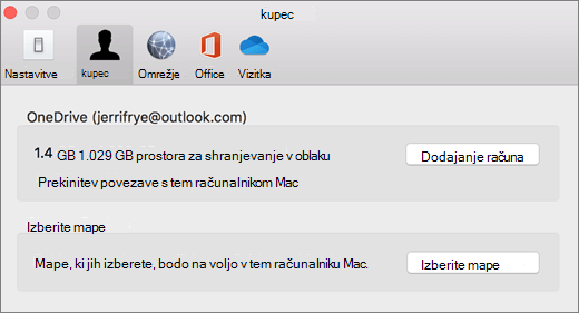 Posnetek zaslona, na katerem je prikazano dodajanje računa na strani z nastavitvami storitve OneDrive v računalniku Mac
