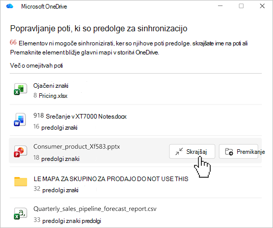 Posnetek zaslona, ki prikazuje seznam poti datotek v storitvi OneDrive.
