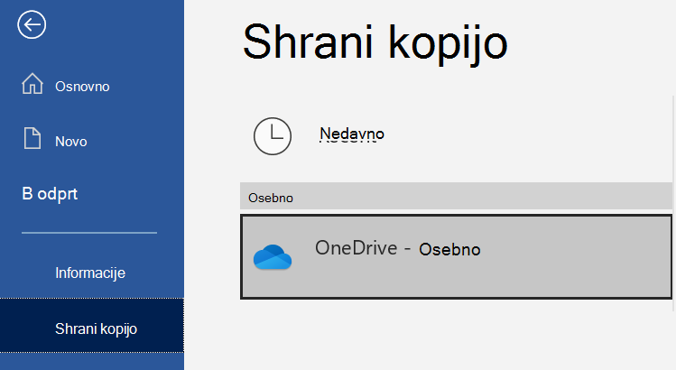 Seznam mest na strani za shranjevanje kopije Wordov dokumenta.